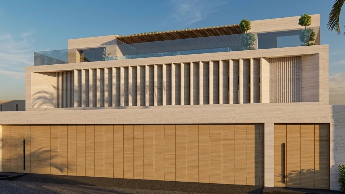 Villa Louve design render — travertine colonnade elevation